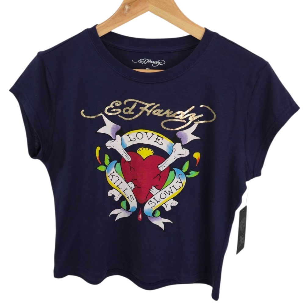 NWT Ed Hardy Love Kills Slowly Women's Baby Tshirt Navy Size XL